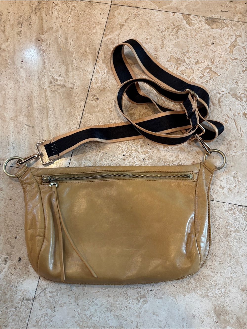 HOBO Tan Leather Crossbody with Nblack & Tan Stripe Strap